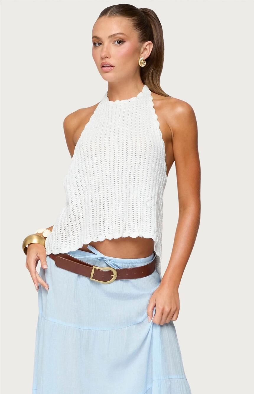 Edikted | Ivey Backless Chunky Crotchet White Scalloped Halter Open Back Top